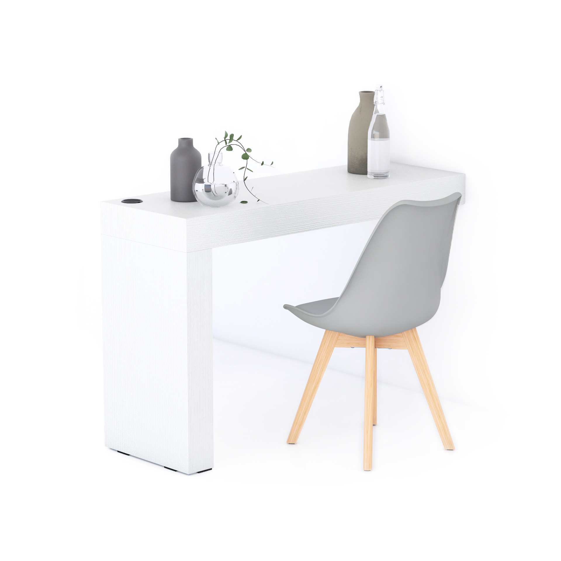 Evolution dining table 47.2 x 15.7 in, with Wireless Charger, Ashwood White with One Leg