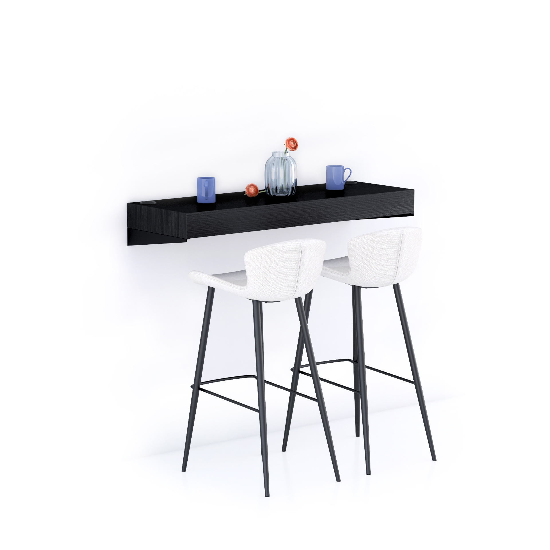Table de bar murale Evolution 120x40, Frêne Noir avec Chargeur Sans Fil