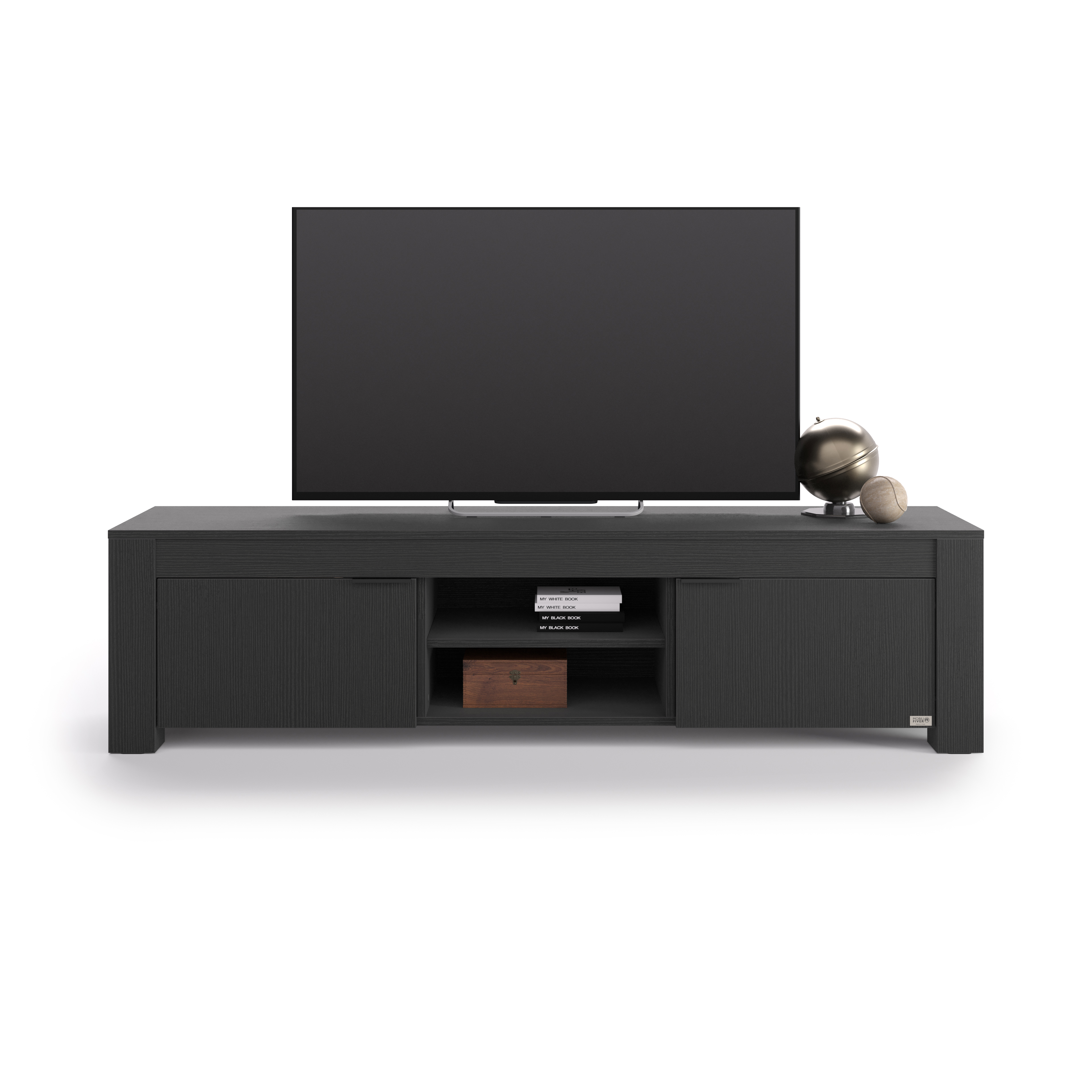 Credenza porta Tv con vano a giorno e 2 ante Rachele, (180x45x45,8 cm), Nero Frassino