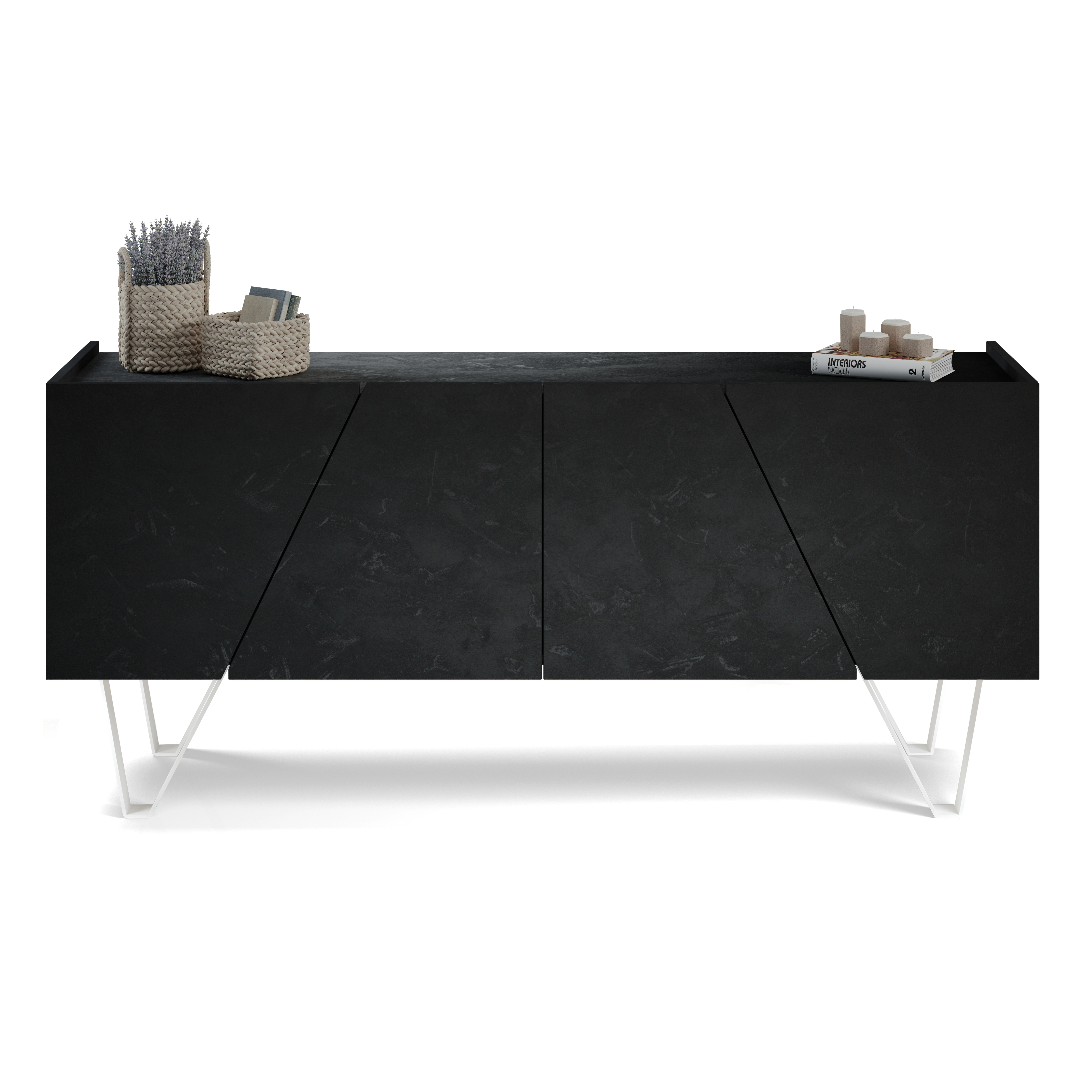 Buffet 4 portes Emma, béton noir, avec pieds blancs