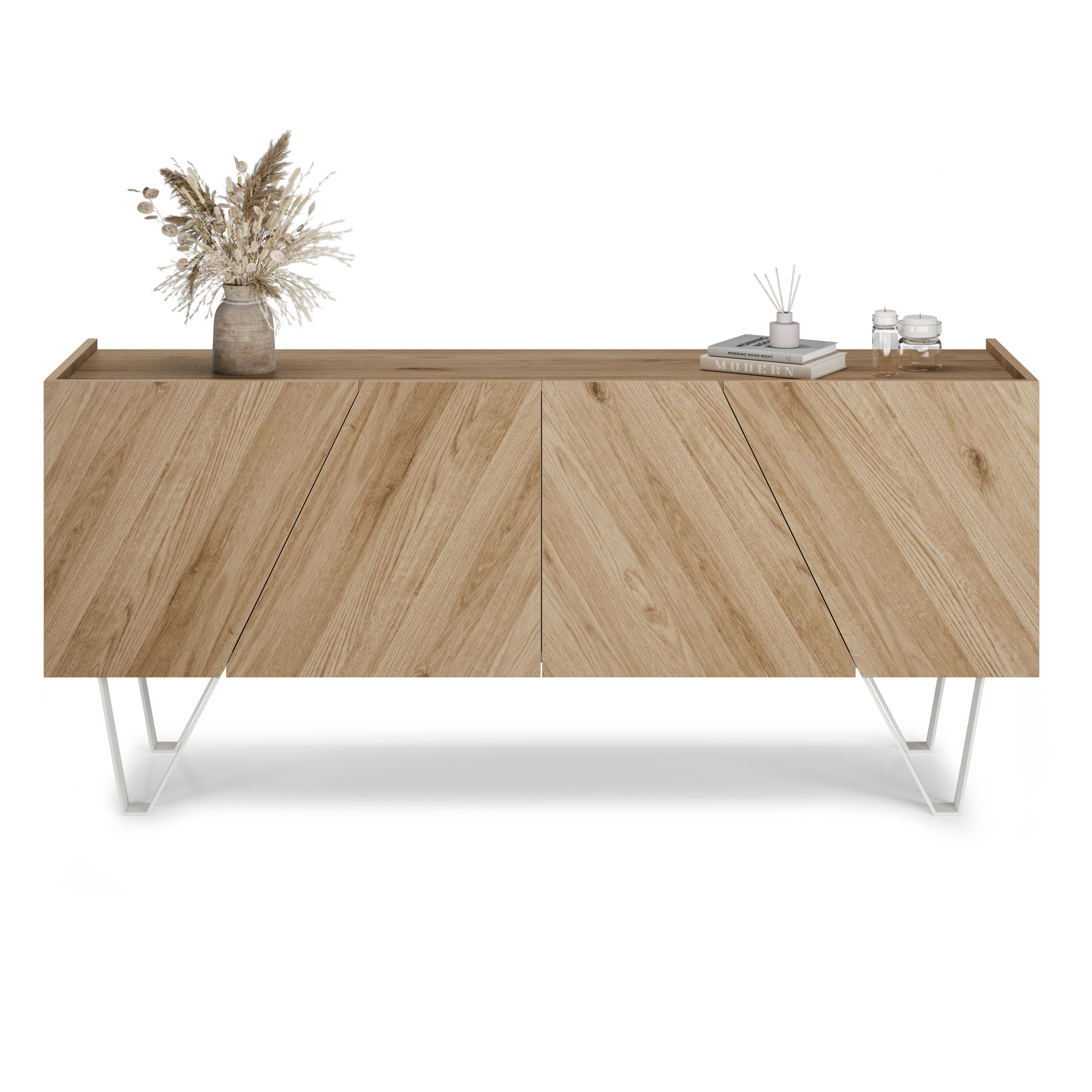 Buffet 4 portes Emma avec pieds blancs, chêne clair